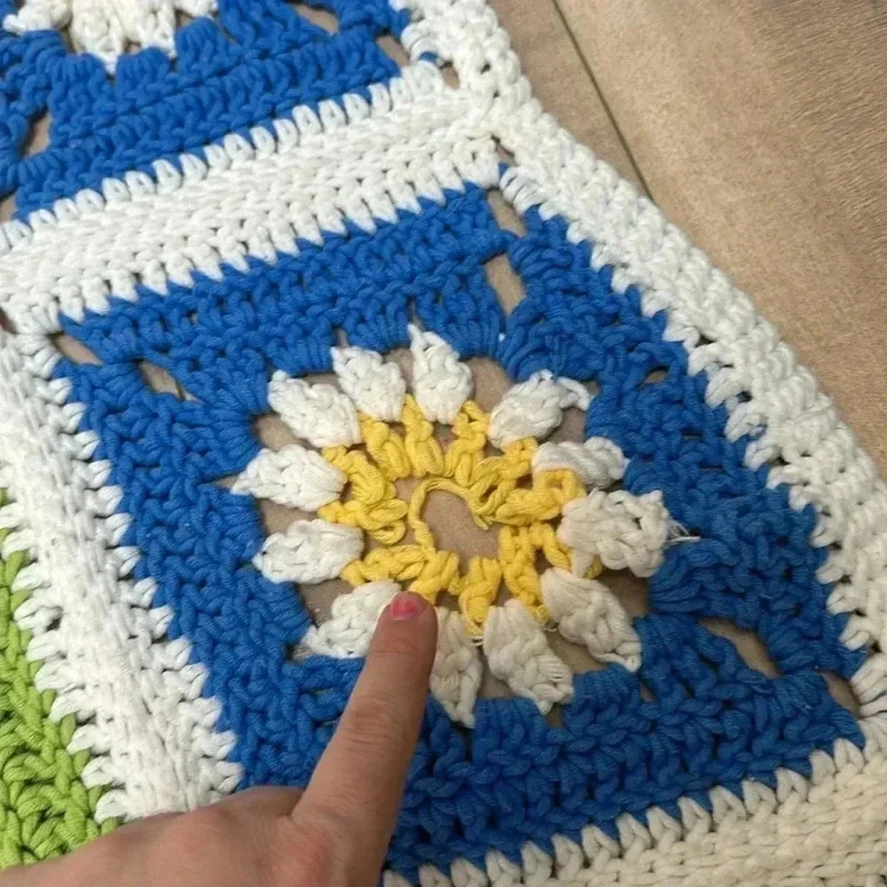 Vintage Floral Granny Square Crochet Hand Knit Throw Blanket Retro Colorful